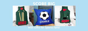 A selection of gifts for sports fans: green cricket hot water bottle cover, royal blue football cushion and green golf hot water bottle cover