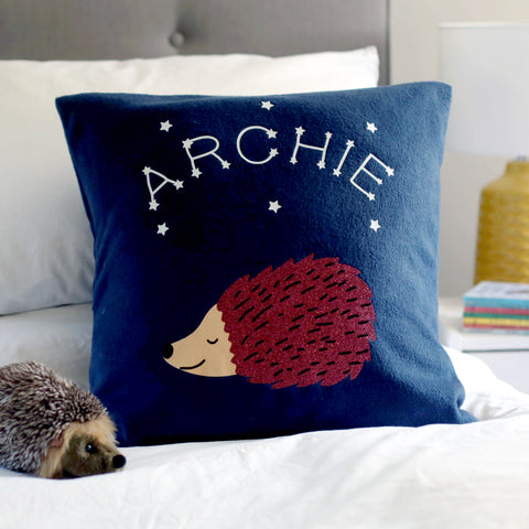 Hedgehog personalised cushion with glow in the dark stars