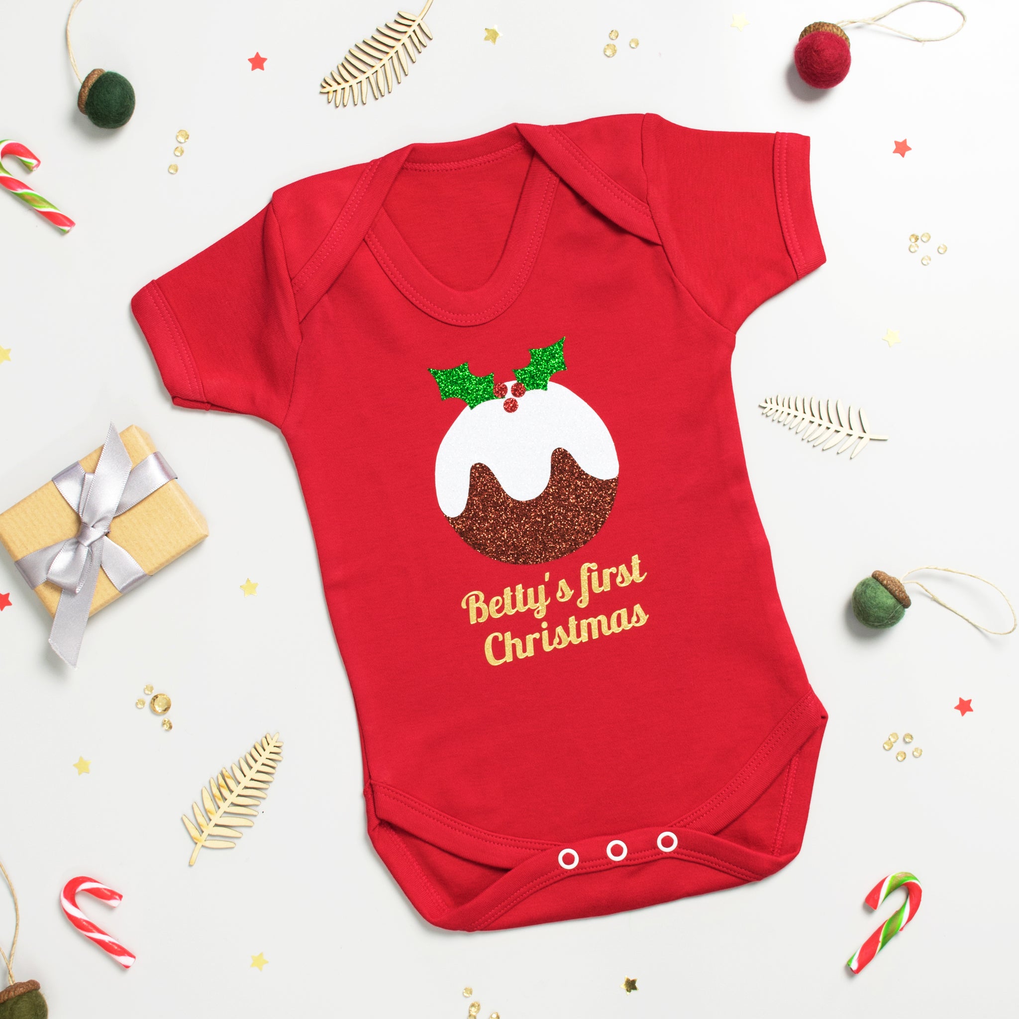 Personalised Pudding 'First Christmas' Babygrow