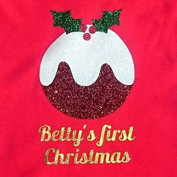 Personalised Pudding 'First Christmas' Babygrow