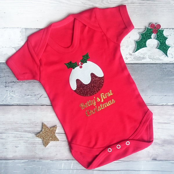 Personalised Pudding 'First Christmas' Babygrow