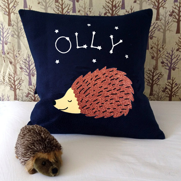Hedgehog personalised cushion with glow in the dark stars