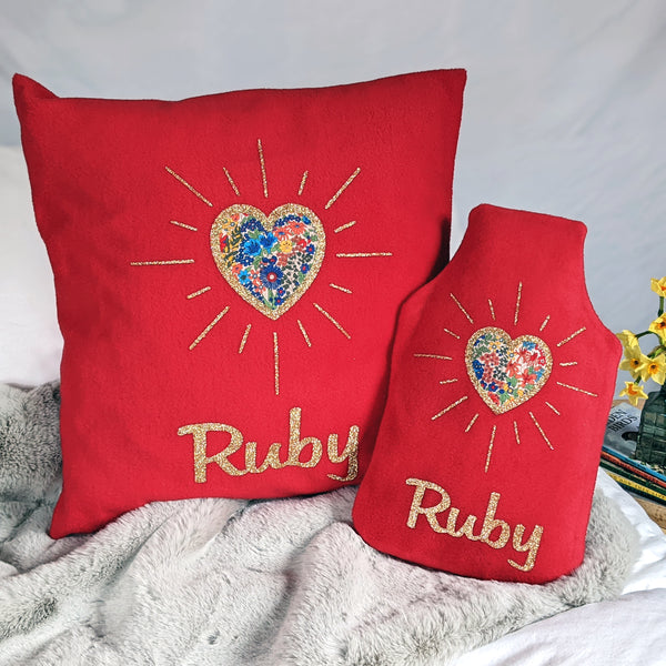 Liberty Sunburst Heart personalised hot water bottle cover