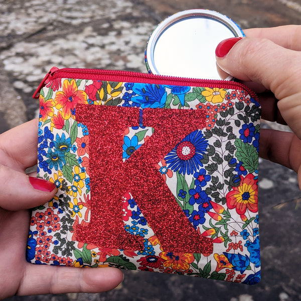 Liberty glitter initial coin purse and mirror set
