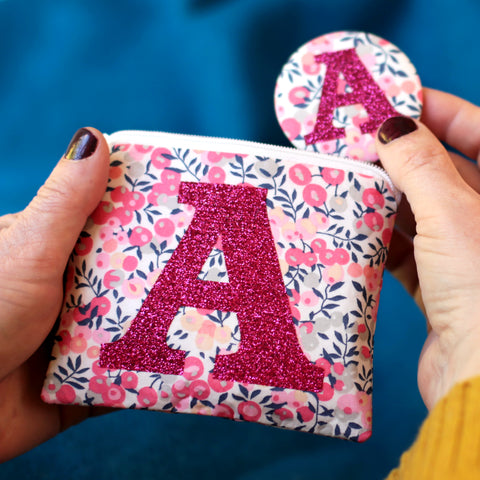 Liberty glitter initial coin purse and mirror set