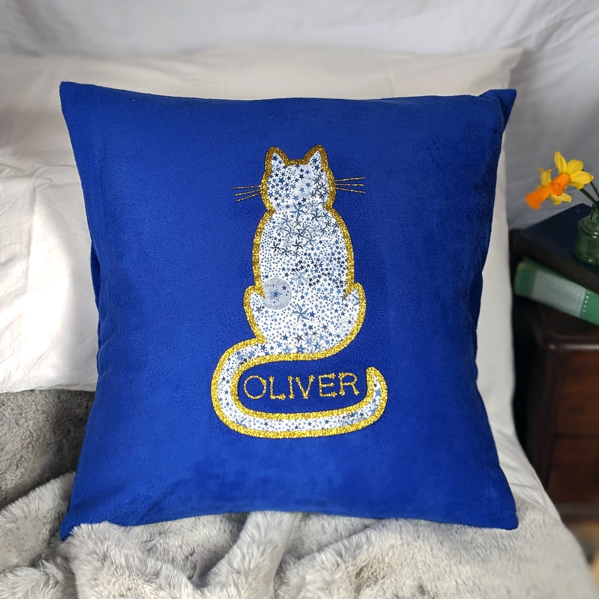 personalised blue cushion with Liberty fabric cat