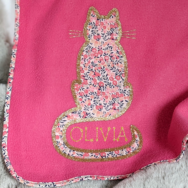 Pink Liberty Cat Personalised New Baby Blanket Gift