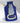 Royal blue hot water bottle cover with Liberty fabric cat with gold glitter details and personalisation.