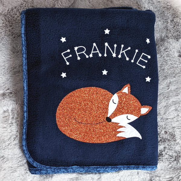 New baby gift - fox blanket - navy fleece and Liberty details.