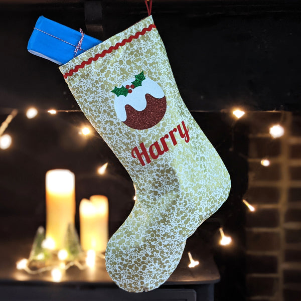 Liberty Gold Fabric Christmas Pudding Stocking