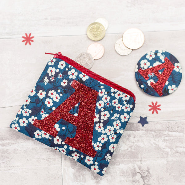 Liberty glitter initial coin purse and mirror set