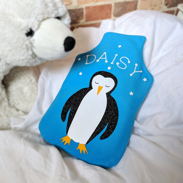 personalised penguin hot water bottle