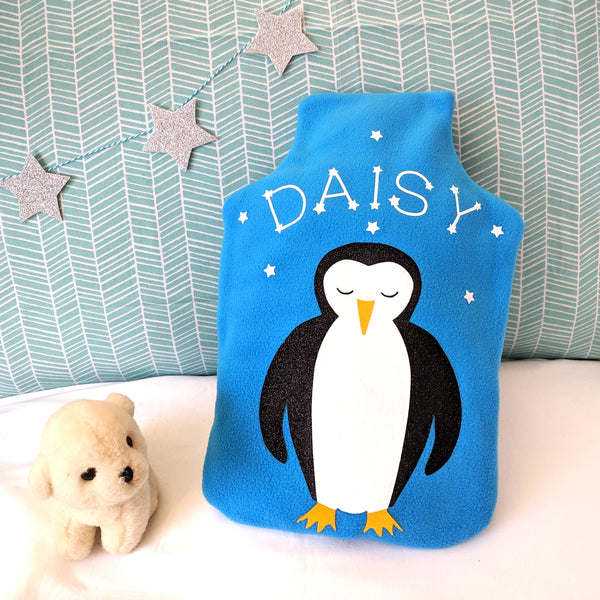 Penguin personalised hot water bottle cover