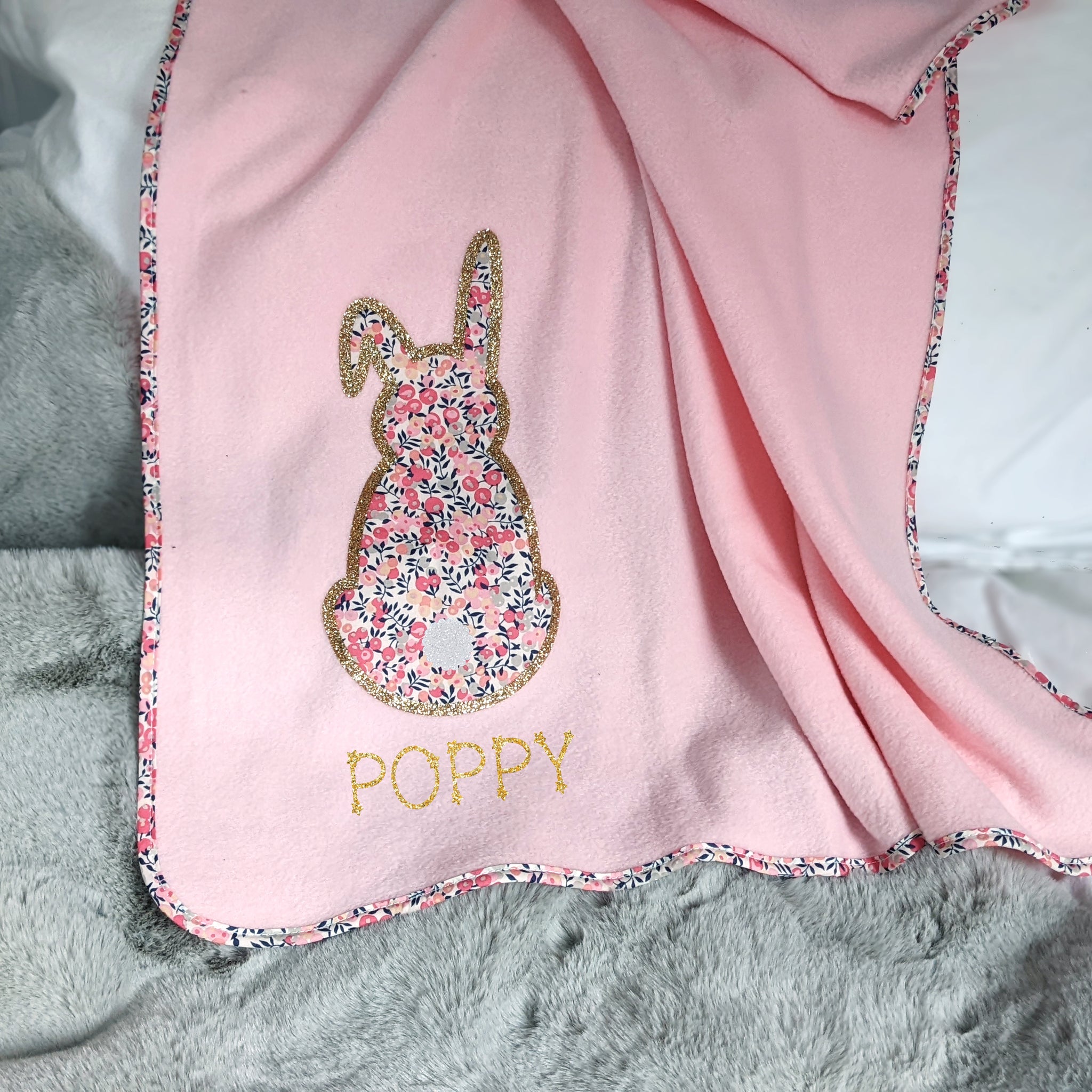 Pink Liberty Rabbit Personalised New Baby Blanket Gift