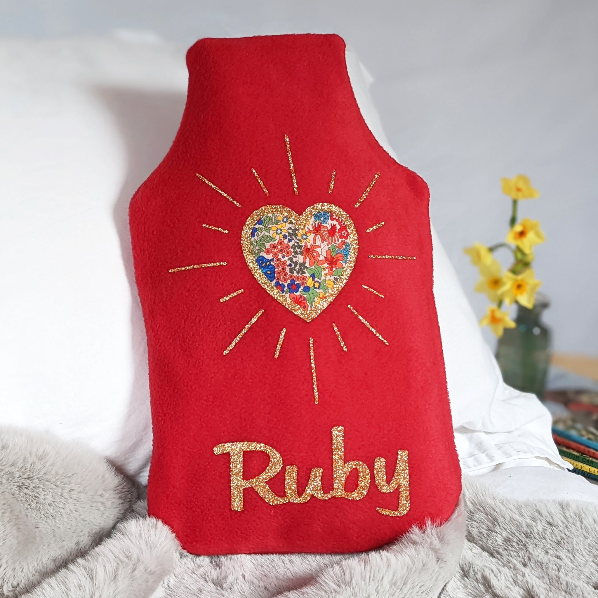 Liberty Sunburst Heart personalised hot water bottle cover